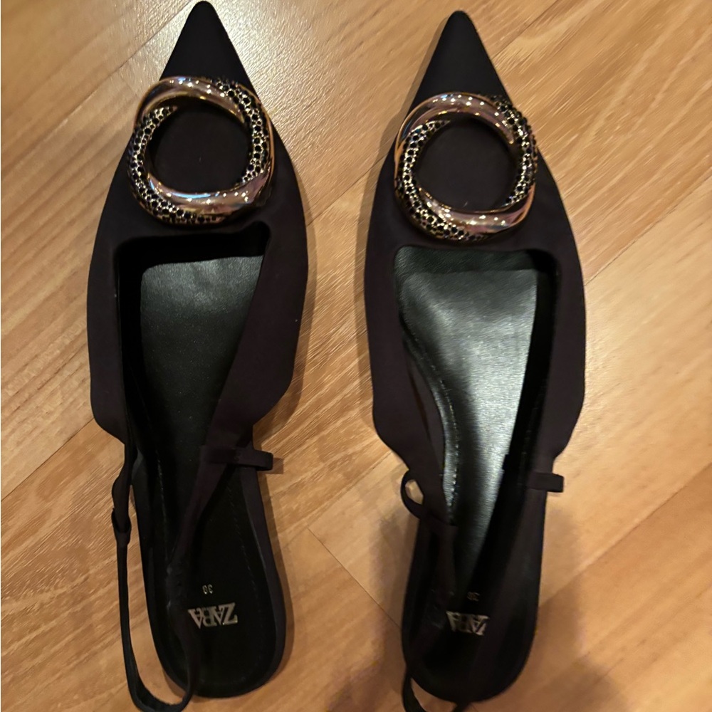 Zara Black Flats with Gold Chain Detail